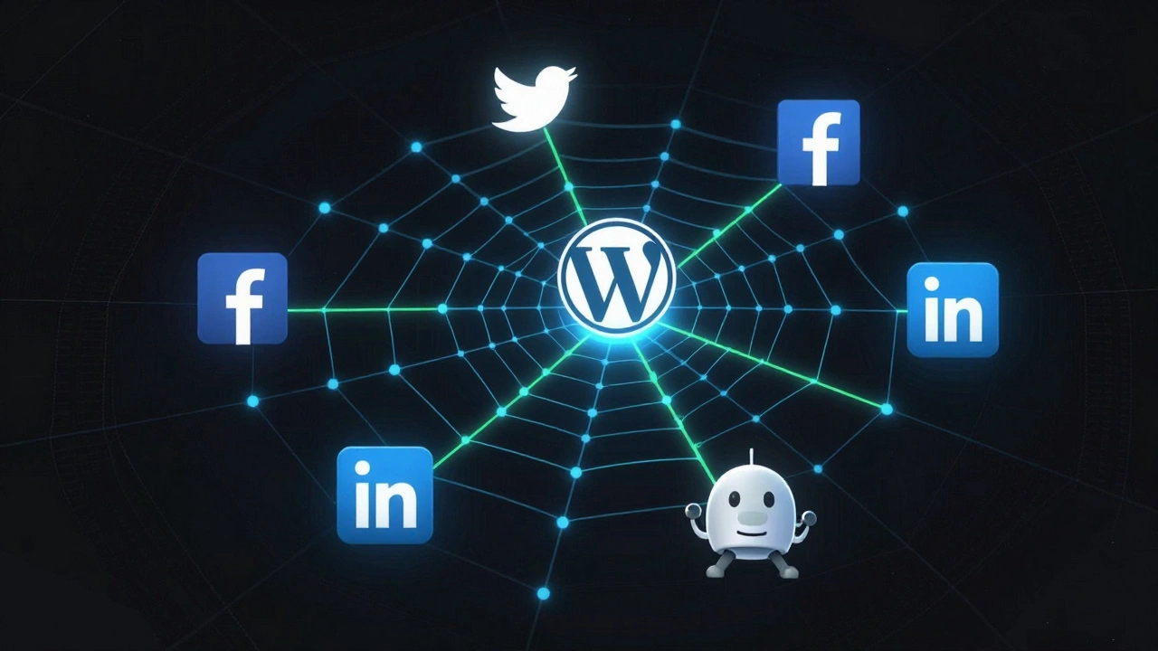 Digital network of links connecting a WordPress site to social media and Google crawler bot in glowing lines.