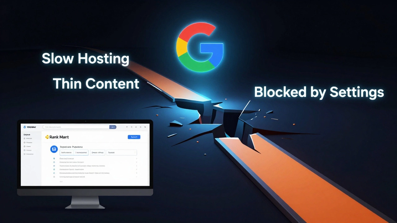 Digital pathway blocked by SEO issues leading to Google logo, with technical obstacles and one clear route.