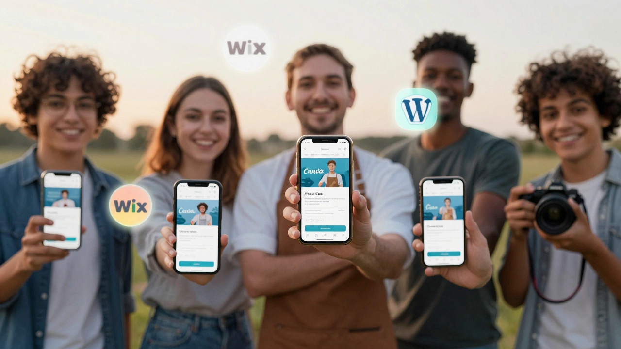 Diverse individuals holding phones displaying websites they built, with subtle platform logos in the background.