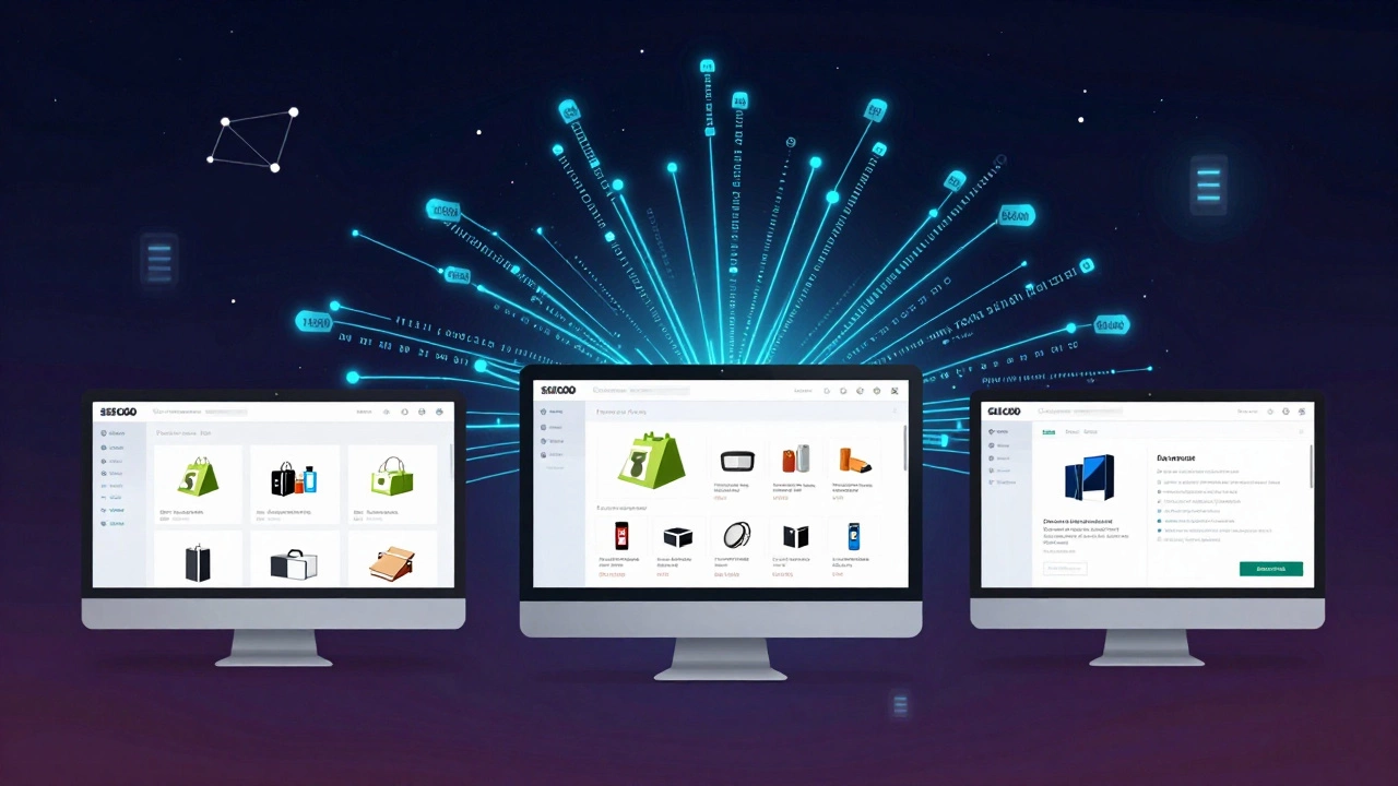 E-commerce website growing from simple store to complex platform with price tags as glowing markers in the background.