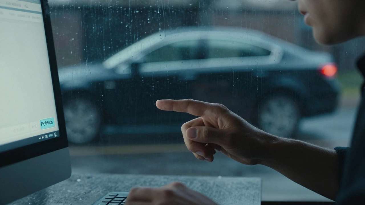 Hand trembling above publish button, rain on window, dim screen glow.