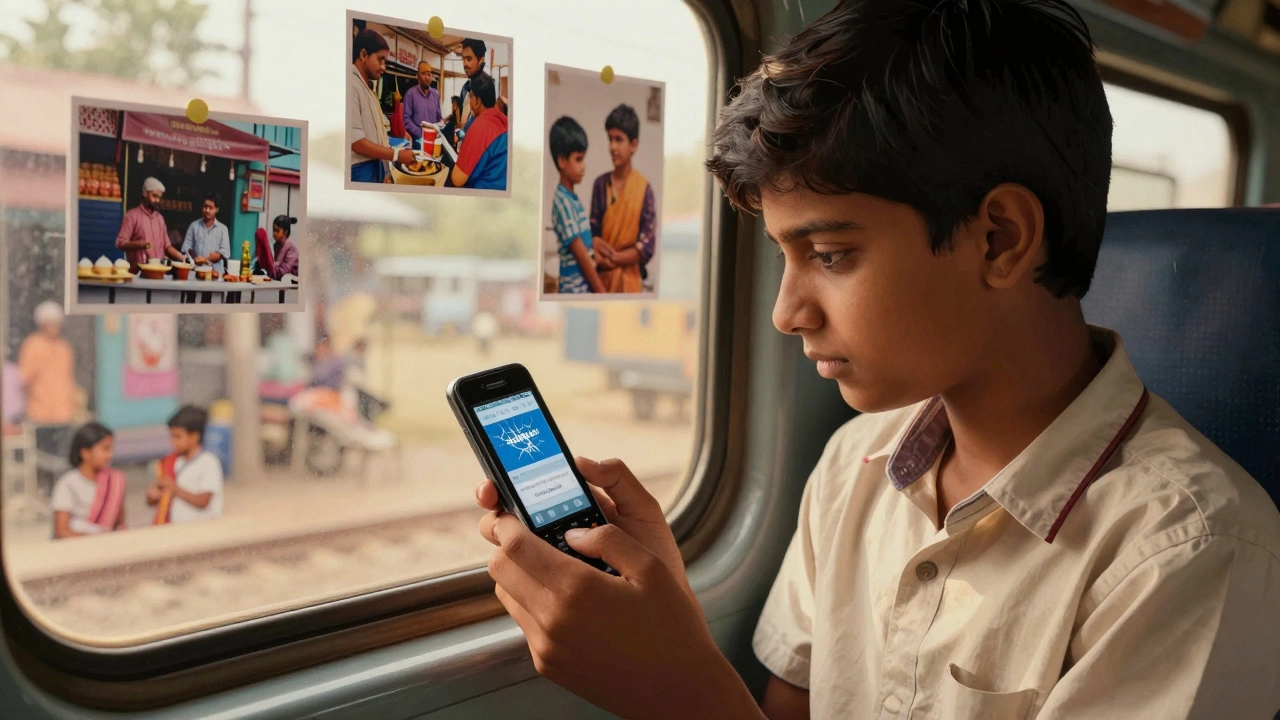 Indian teen blogging on a phone while riding a crowded train, surrounded by cultural elements of daily Indian life.