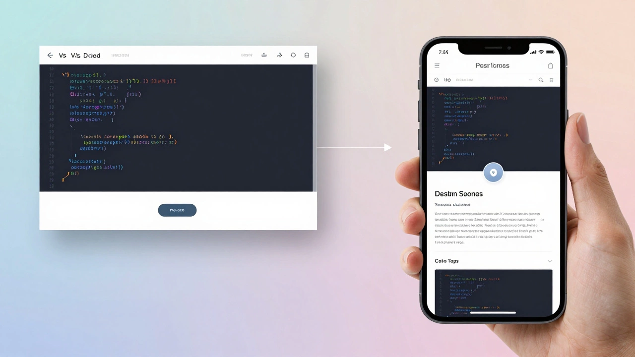 Side-by-side view of code editing and live website on mobile device