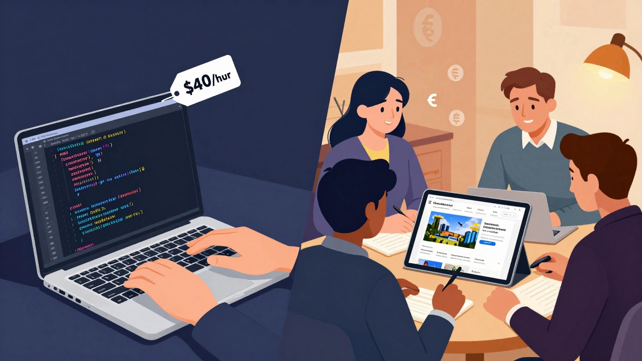 Split scene: freelance developer versus agency team working on different types of websites with hourly rate indicators.