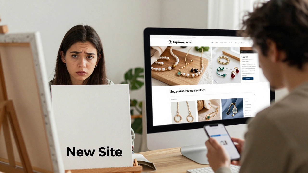 Split-screen showing transition from blank website canvas to a professionally designed site with personal photos.