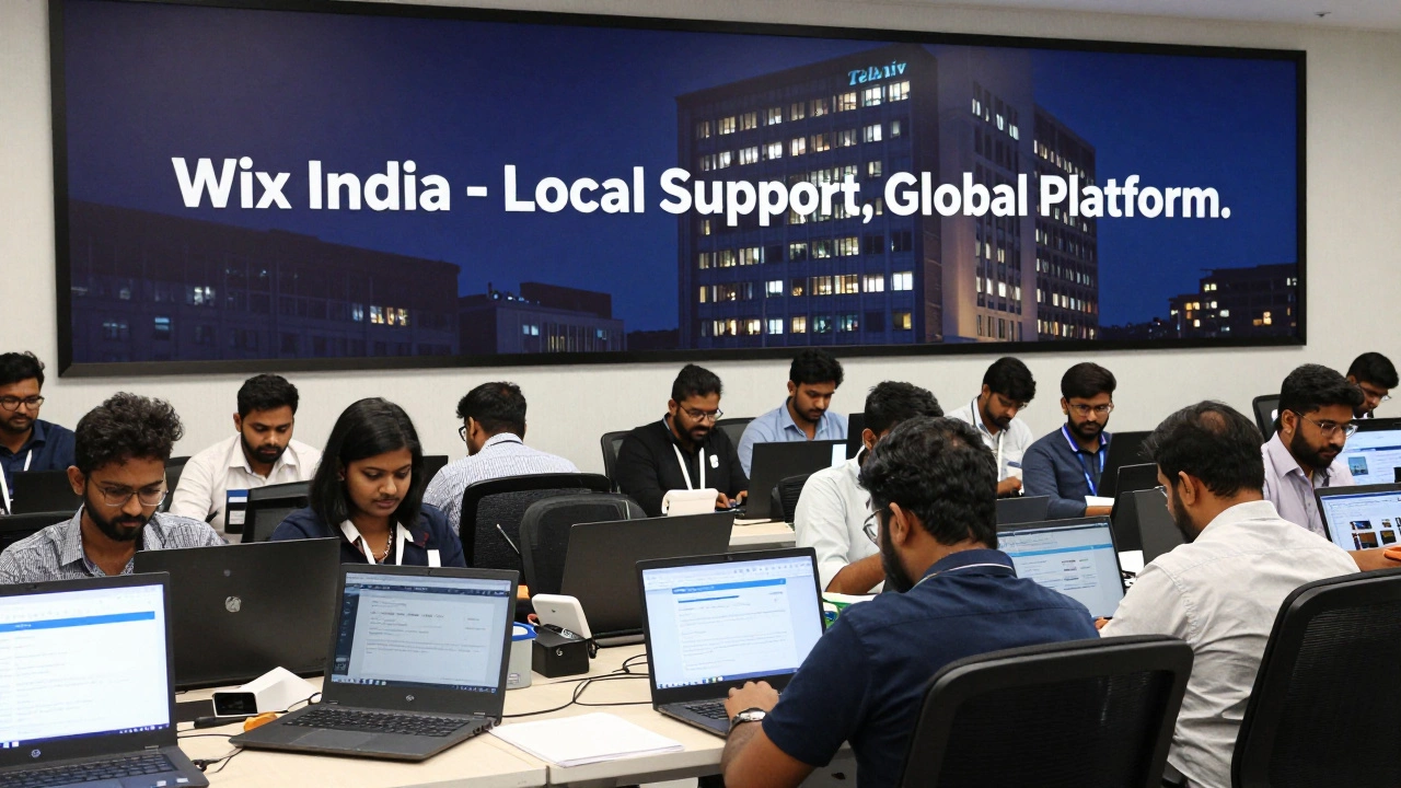 Team in Bangalore testing Wix interfaces for Indian users, with local language support visible on screens.