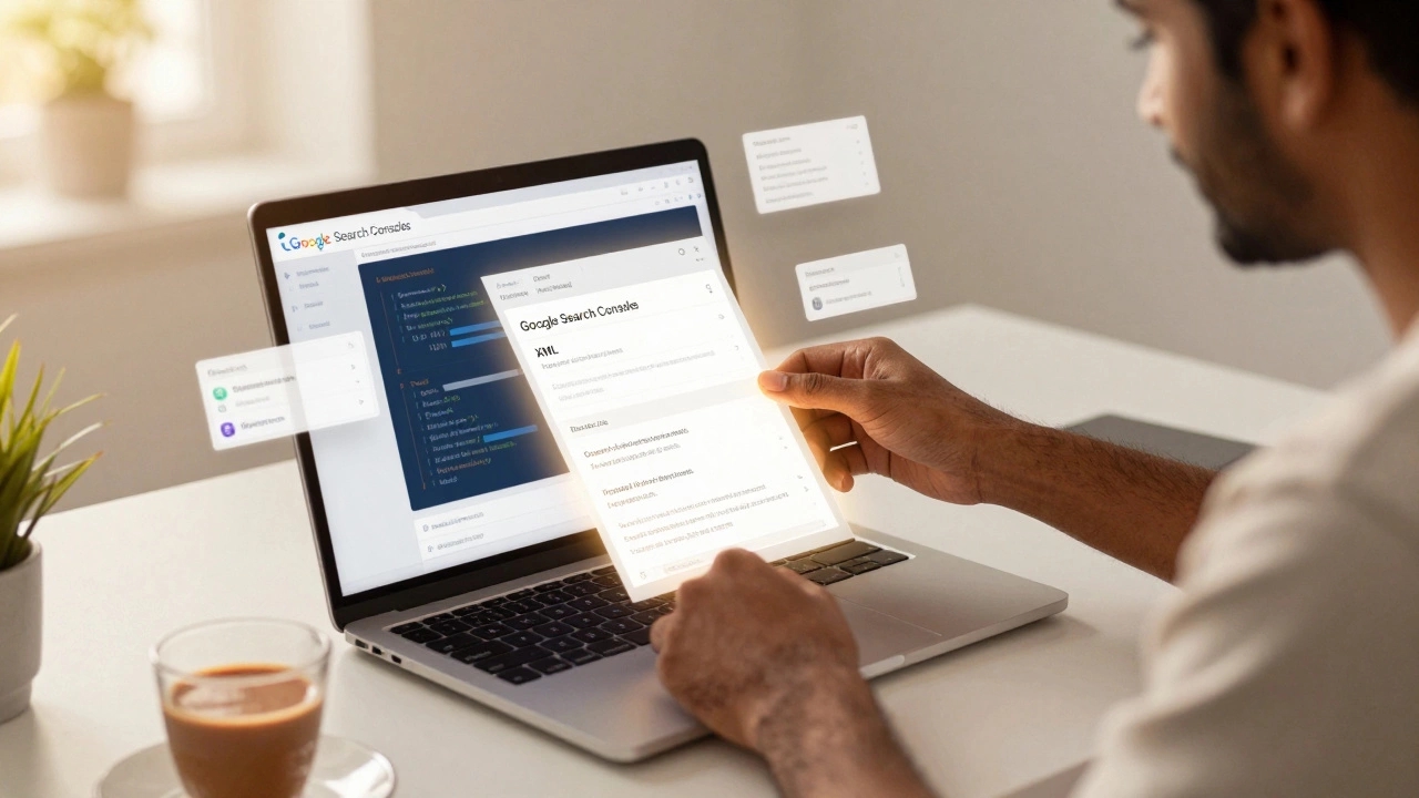 Technician submitting a sitemap to Google Search Console with optimized web elements floating nearby.