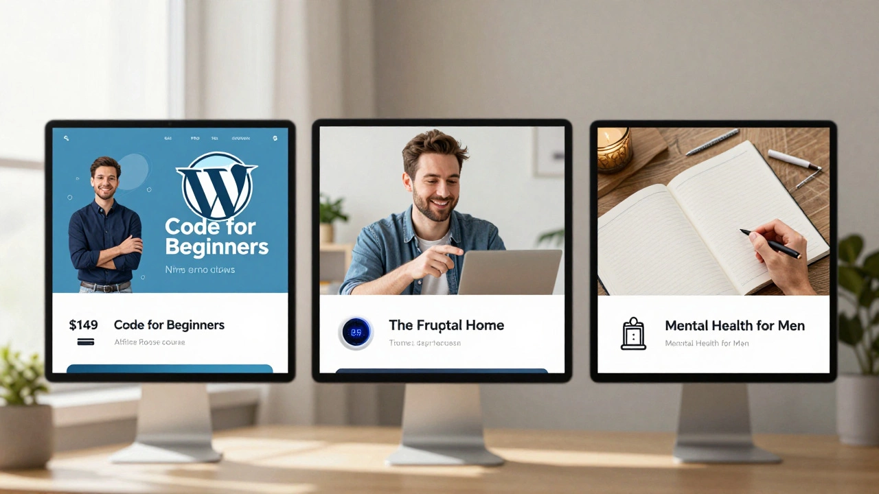 Three windows showing purchases from high-earning blogs in health, finance, and tech