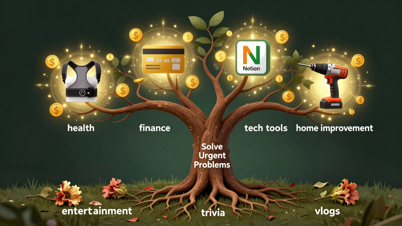 Tree with glowing profit branches for health, finance, and tech, dead flowers below