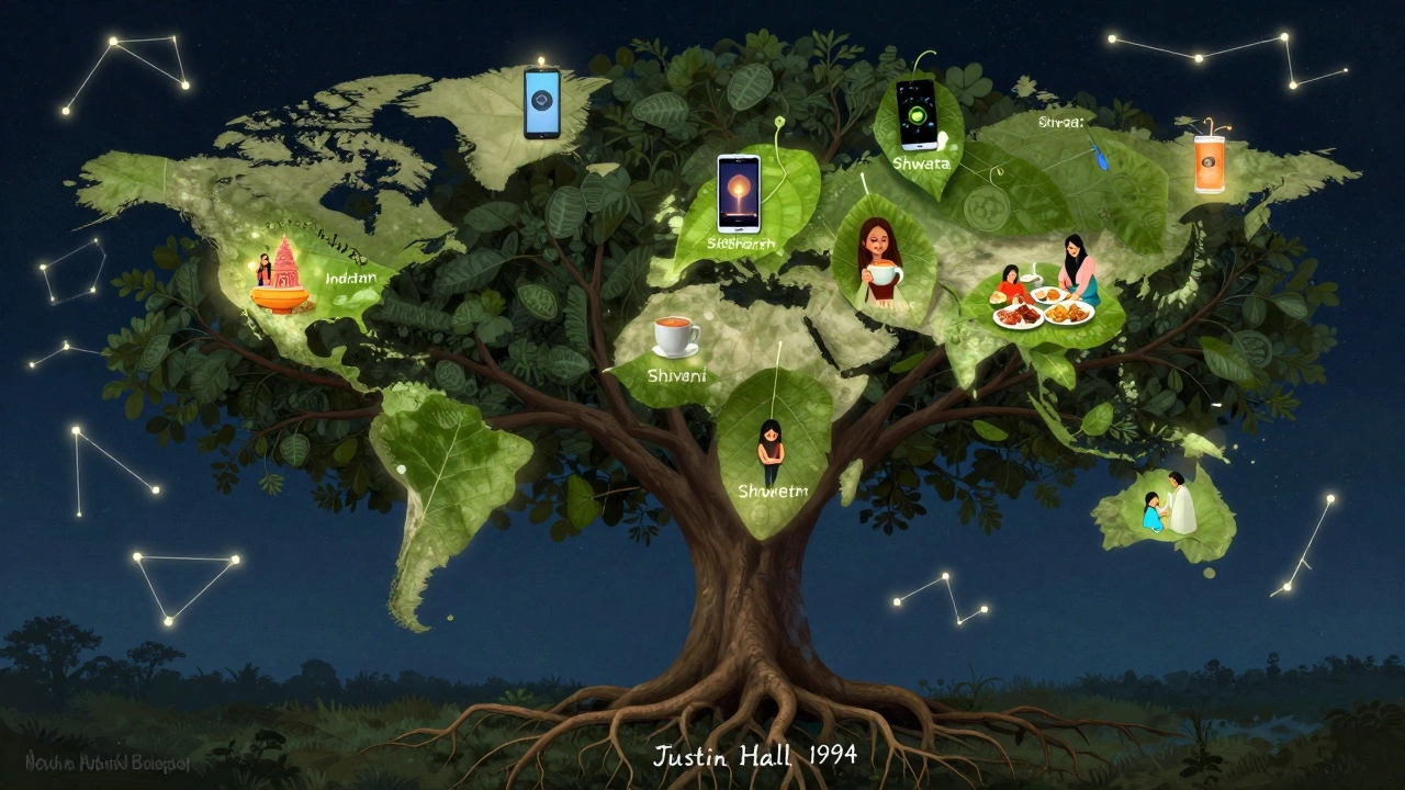 Tree with roots labeled 'Justin Hall 1994' and leaves representing Indian bloggers, connected by glowing hyperlinks in a starry sky.