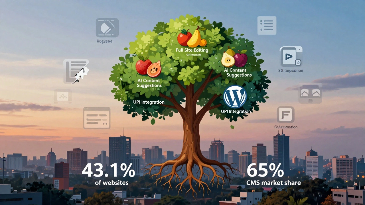 WordPress as a thriving tree with modern features as fruits, overcoming outdated plugins in an Indian cityscape.