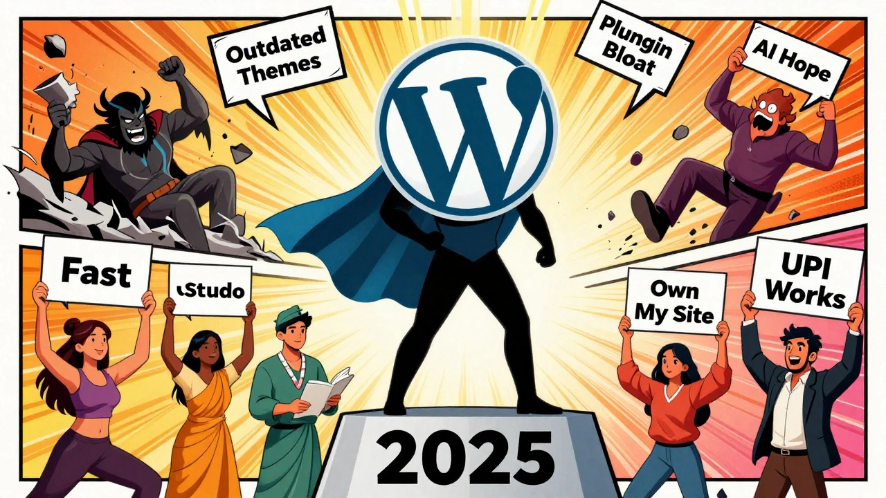 WordPress hero defeating outdated tech villains while Indian small business owners celebrate.