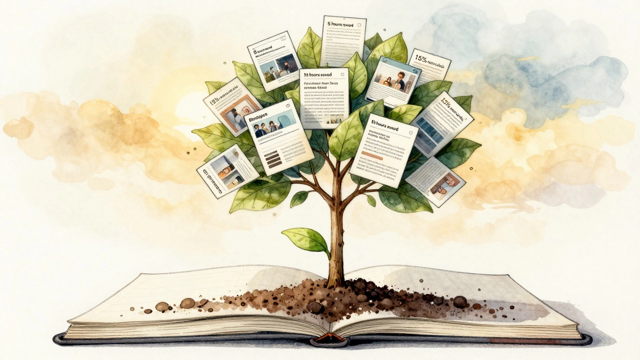A seedling growing from a notebook into a tree with blog post leaves labeled with real results.