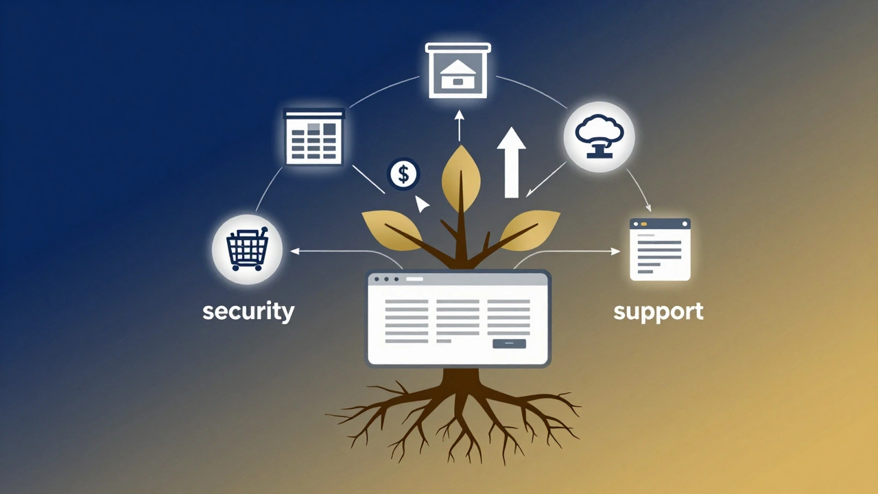 A symbolic tree representing a scalable business website with growing features.