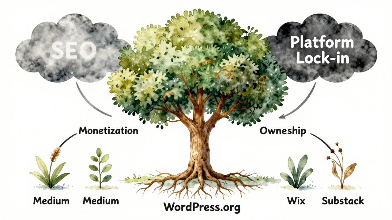 A symbolic tree representing WordPress growth versus withering alternatives labeled as platform lock-ins.