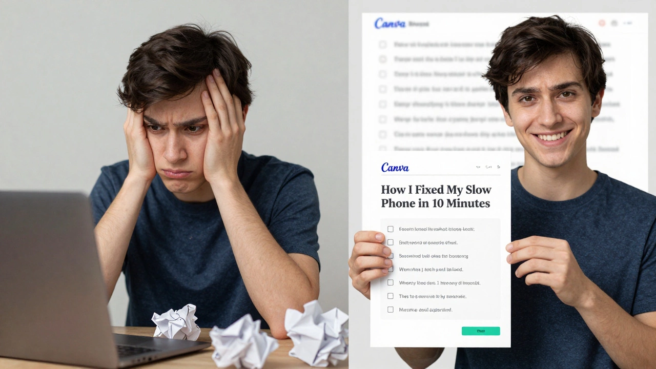 Before and after: frustrated writer vs. happy person holding a simple blog post with checklist.