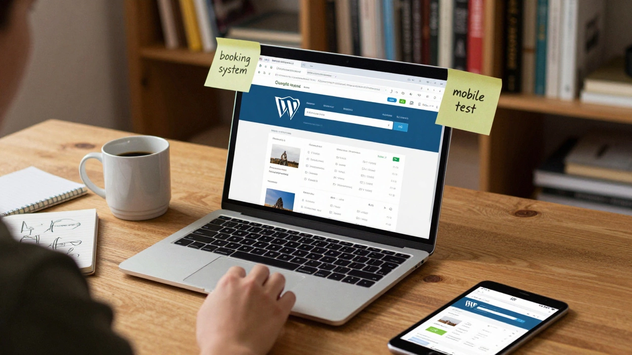 Freelance web designer working on a custom WordPress site with analytics open.