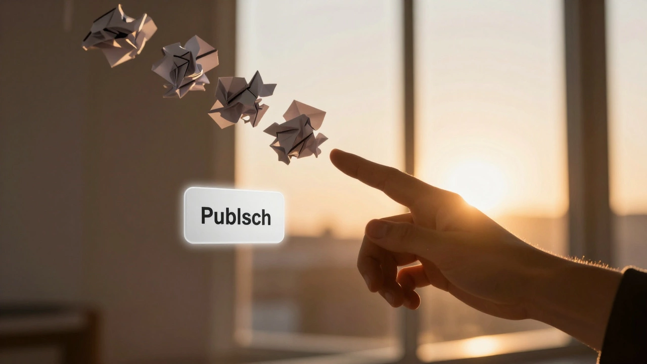 Hand about to click 'Publish' on a blog post, golden light streaming through a window.