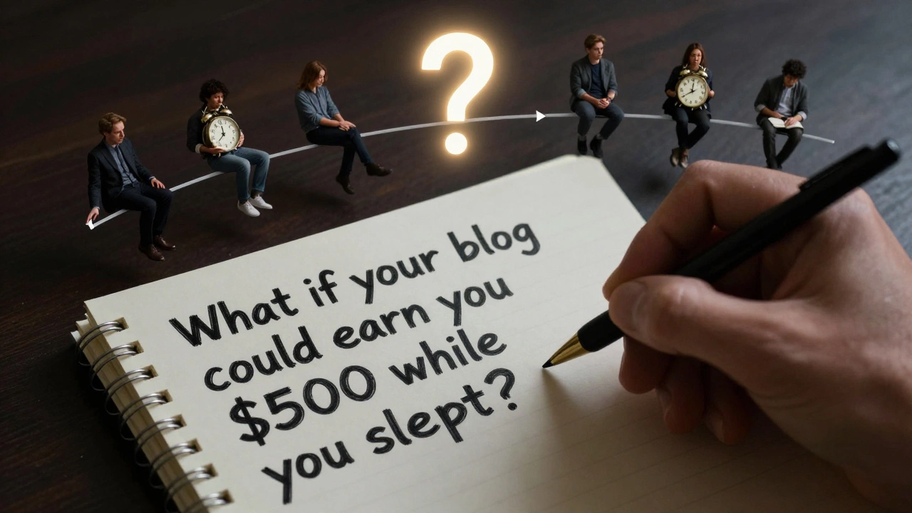 Hand writing 'What if your blog could earn you 0 while you slept?' with floating timelines and a glowing question mark.