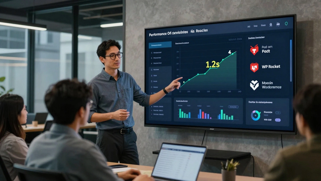 Mid-level developer presenting WordPress performance metrics to client in Bangalore co-working space