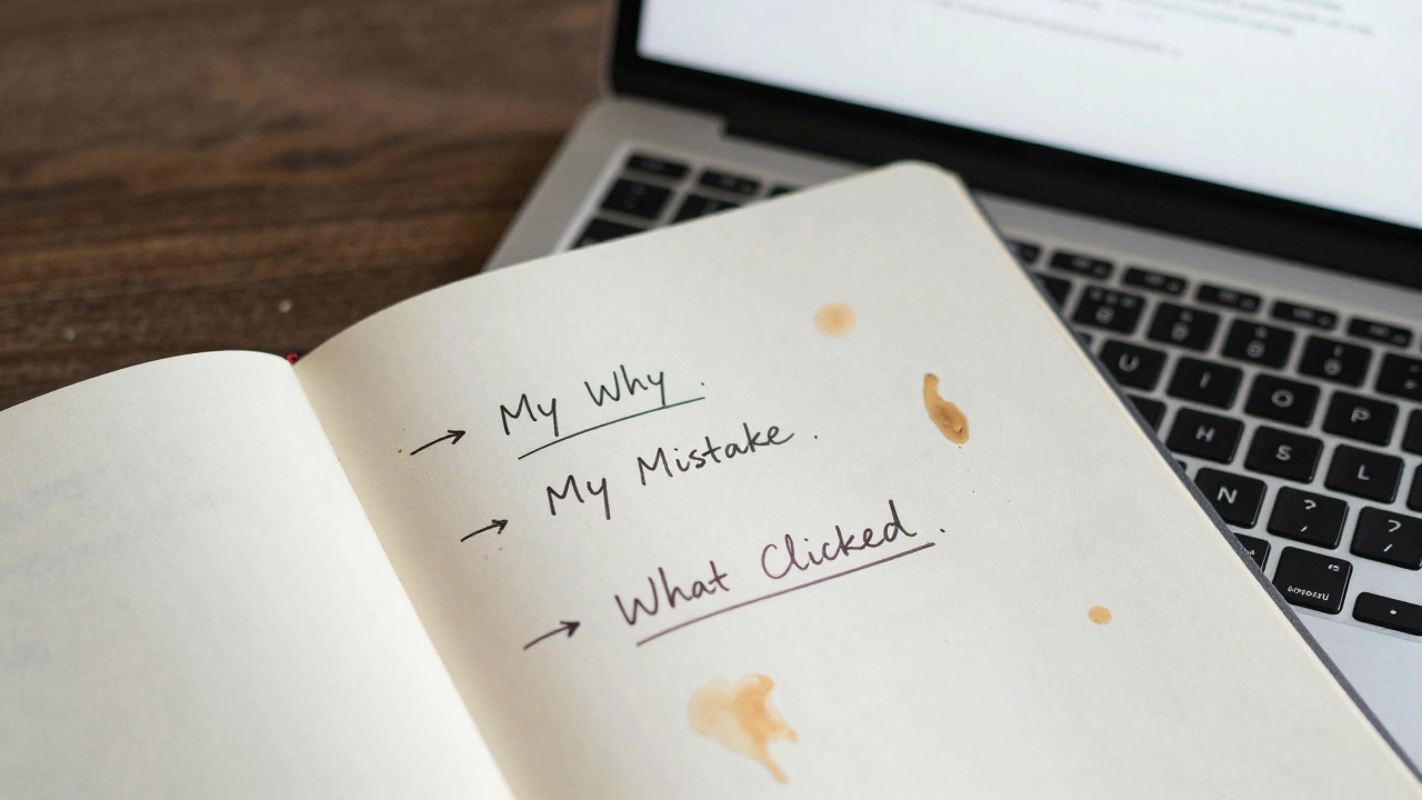 Notebook with handwritten blog ideas and coffee stains beside an open laptop.