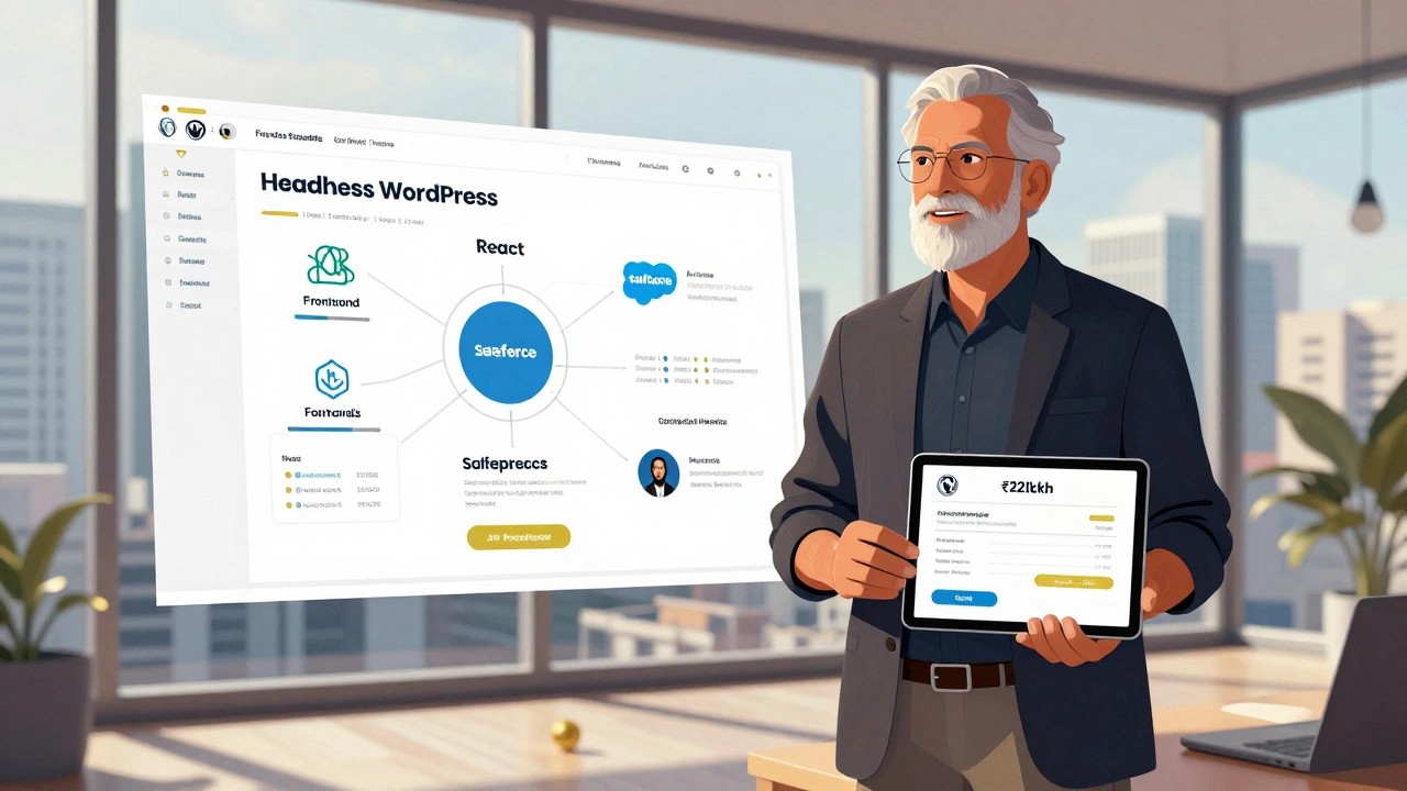 Senior freelancer standing beside headless WordPress architecture blueprint in Mumbai