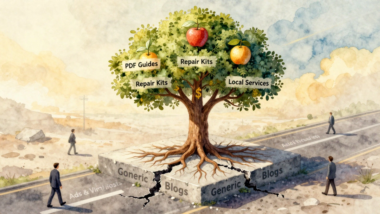 Tree growing from 'Generic Blogs' concrete with digital product fruit, symbolizing niche success