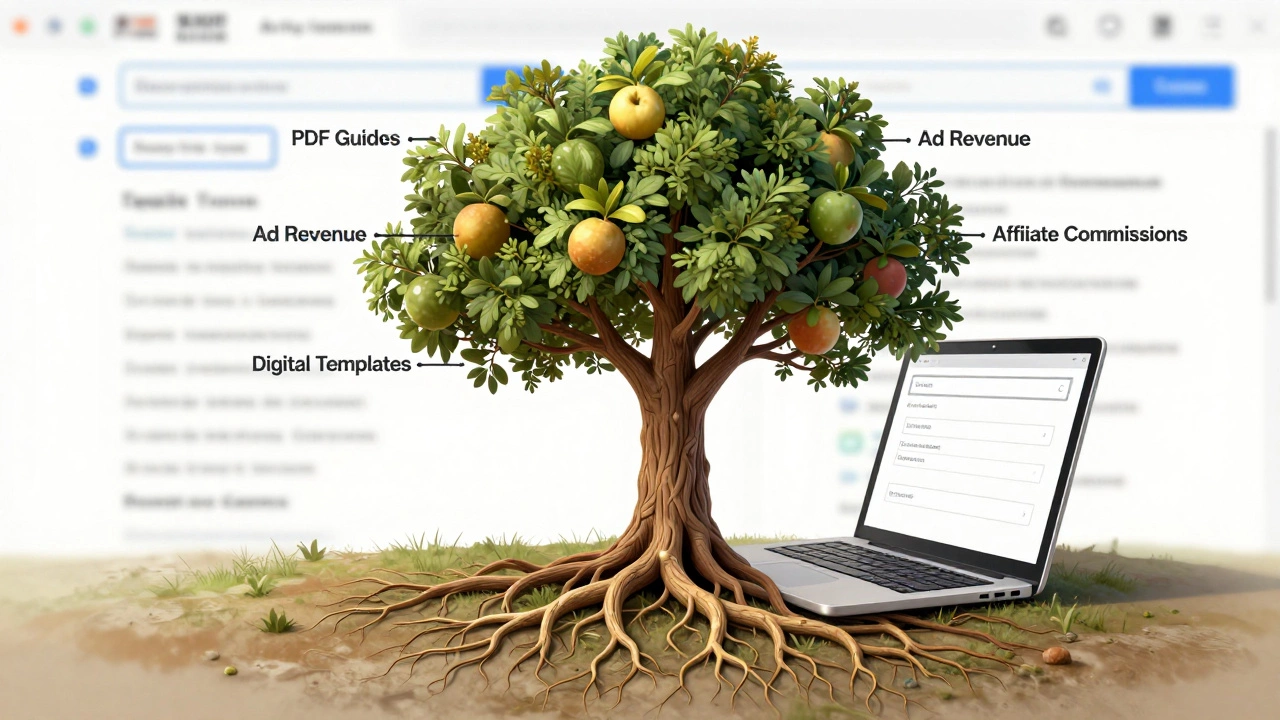 Tree growing from laptop with fruit labeled affiliate income, digital products, and ads.