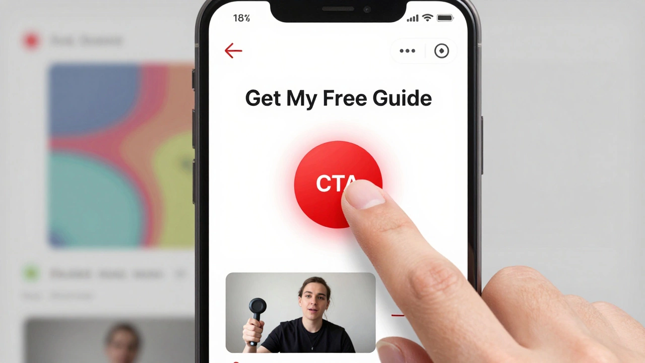 A hand clicking a red CTA button on a mobile landing page with heatmap showing high interaction.