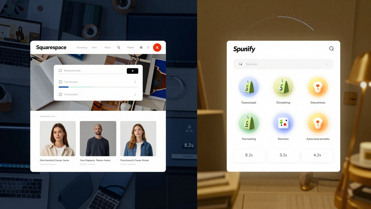 A split-screen showing a slow, broken Squarespace store versus a smooth, functional Shopify store.