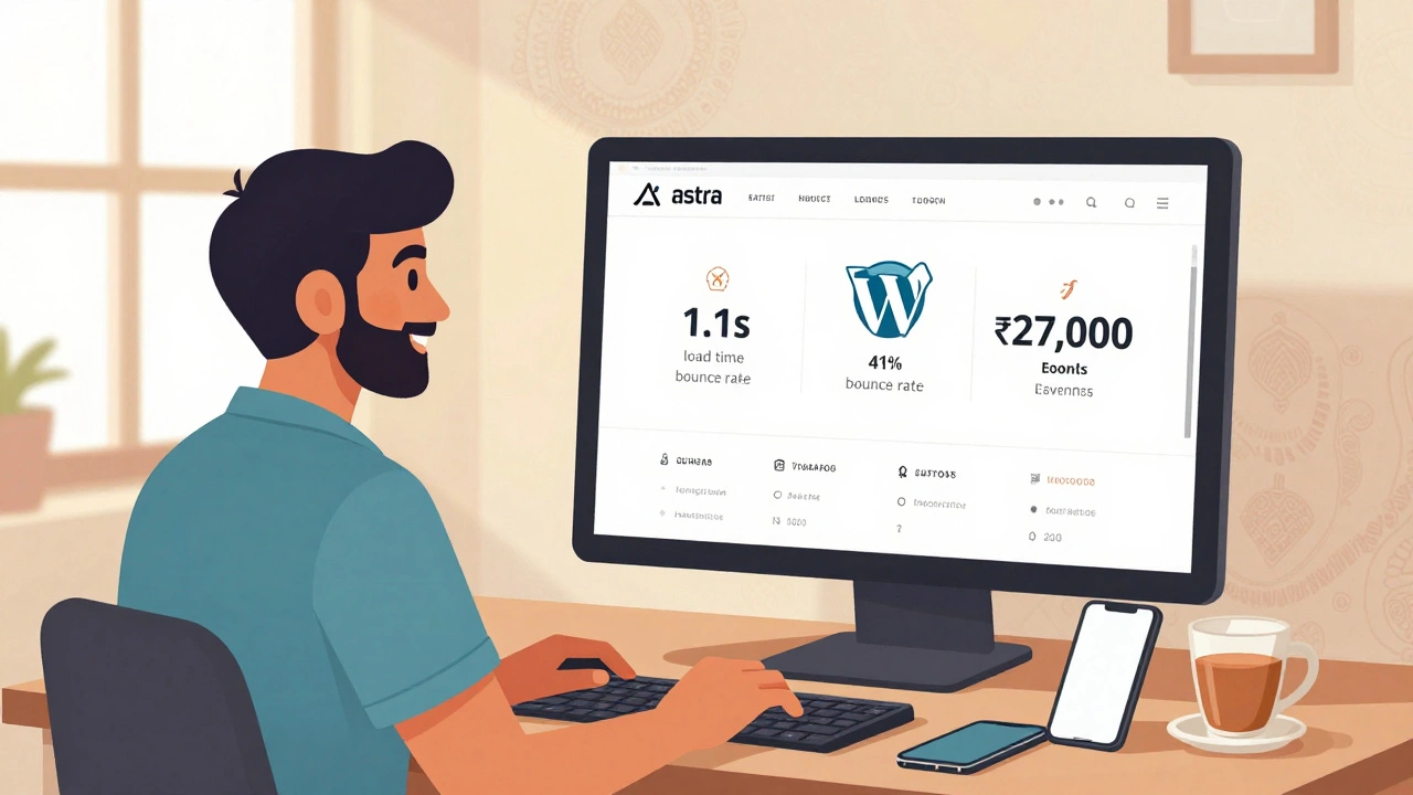 An Indian blogger happily viewing improved site metrics on a fast-loading WordPress dashboard with Astra theme.