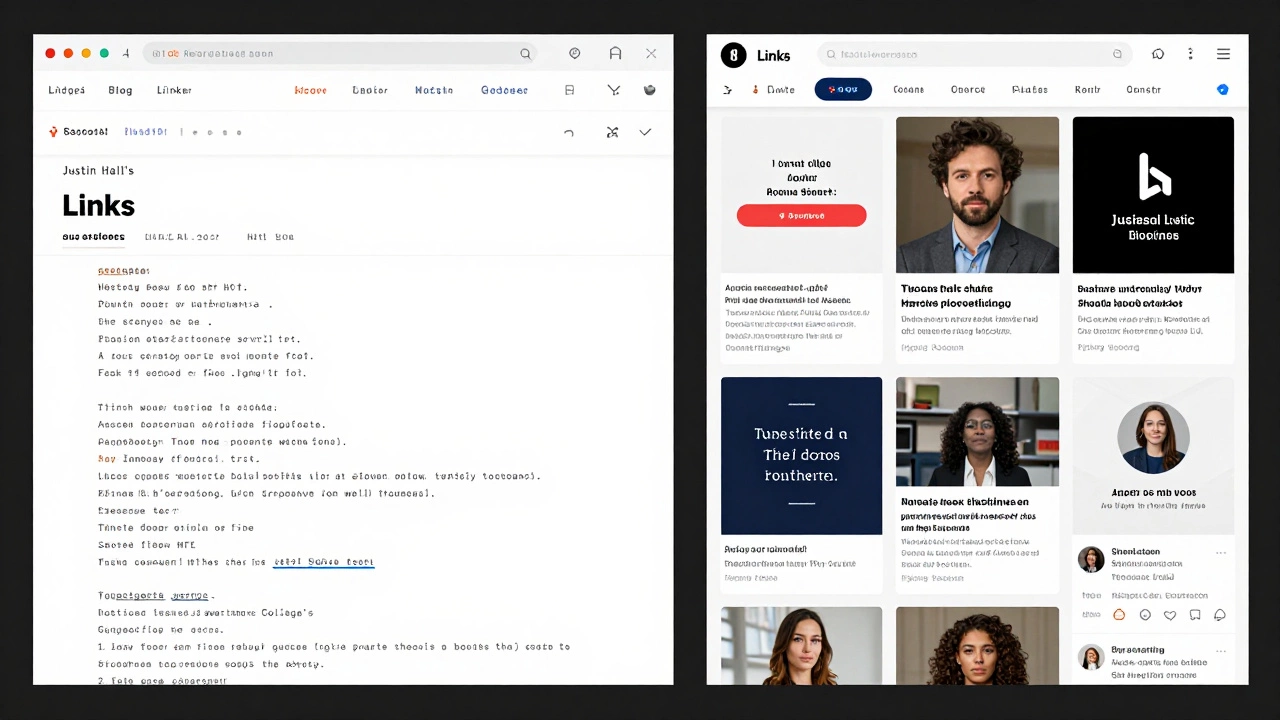 Contrasting a minimalist 1990s blog with a chaotic modern social media feed, highlighting the difference in design and intent.