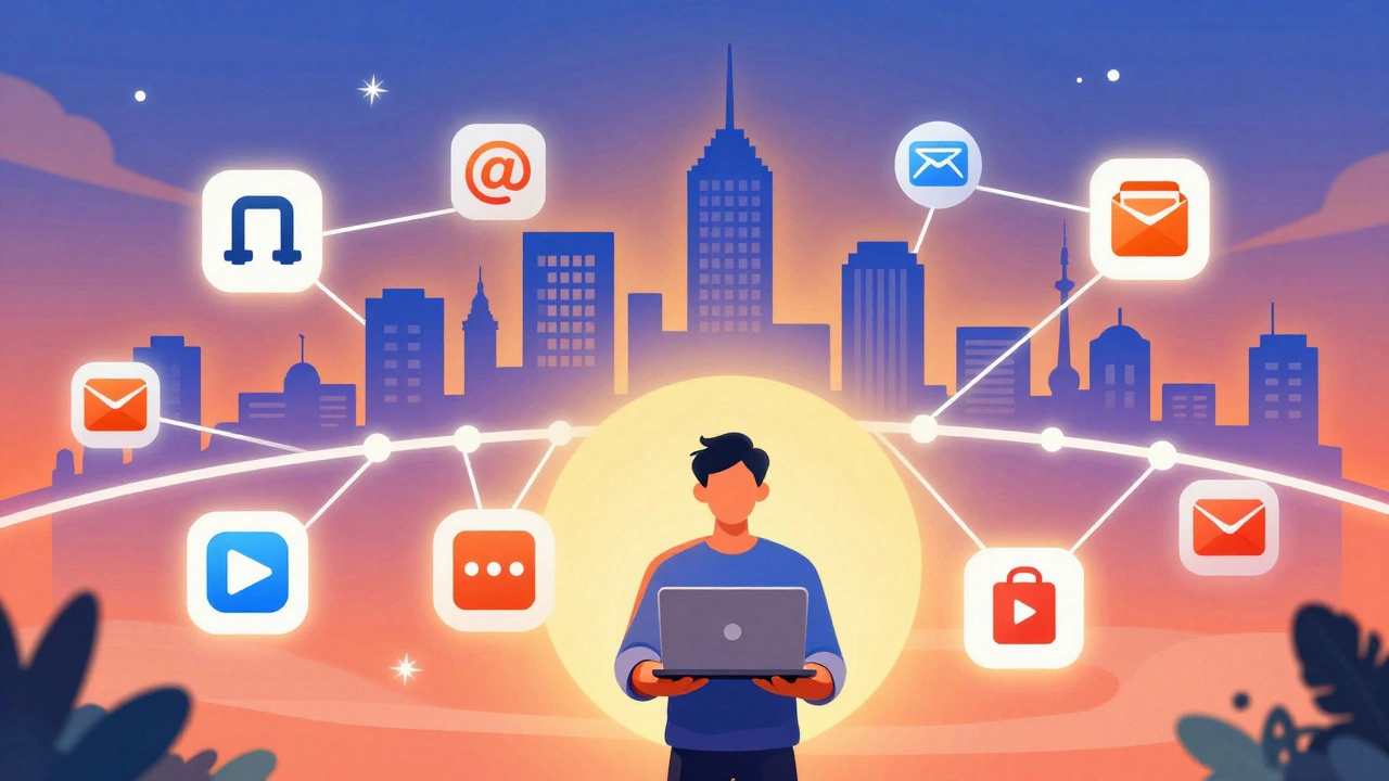 Digital income streams like affiliate links and course sales forming a glowing network around a blogger.