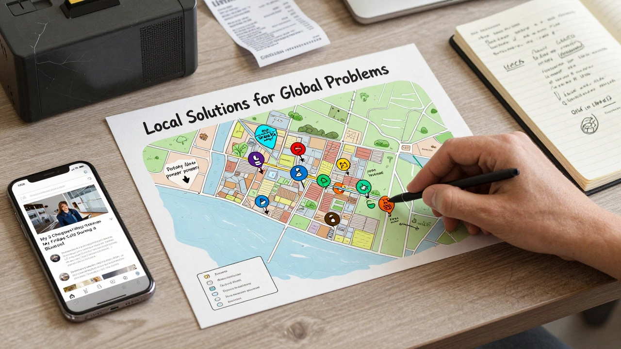 Hand placing local solution map on desk with blog receipt and notebook