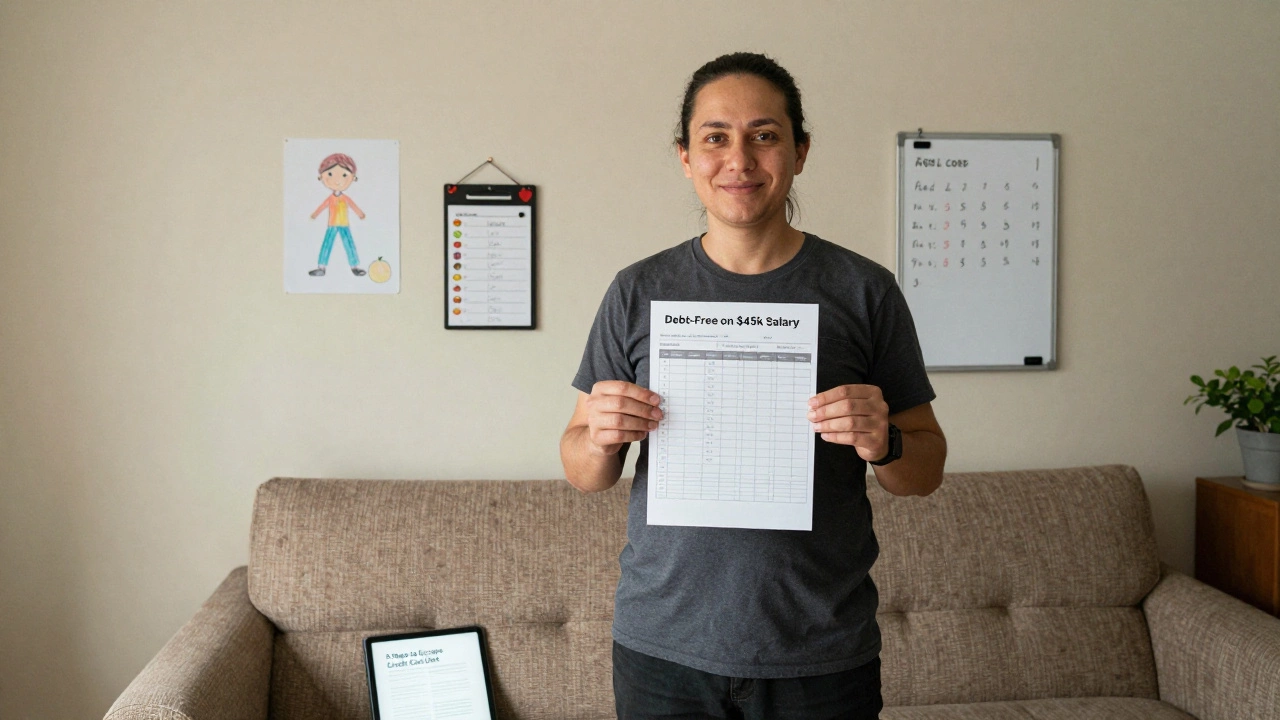 Single parent holding budget tracker in modest living room with child's drawing