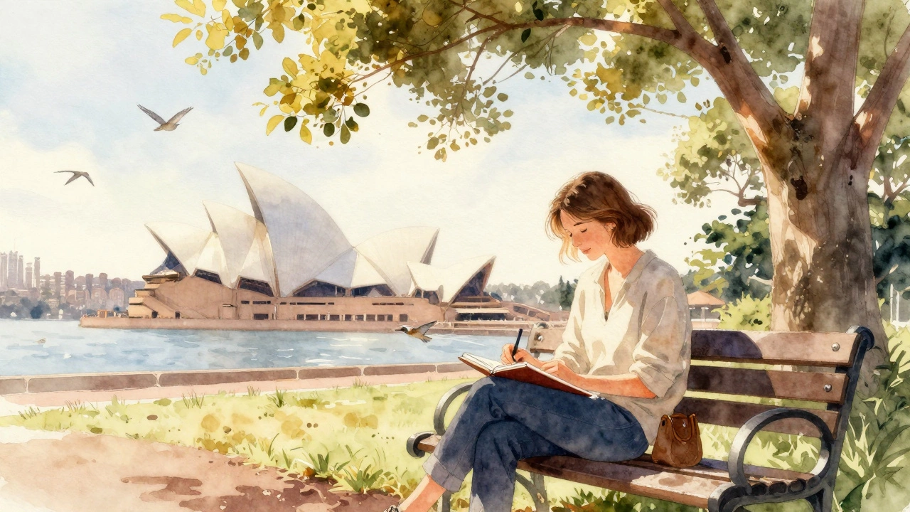 Woman writing in notebook under trees in Centennial Park.