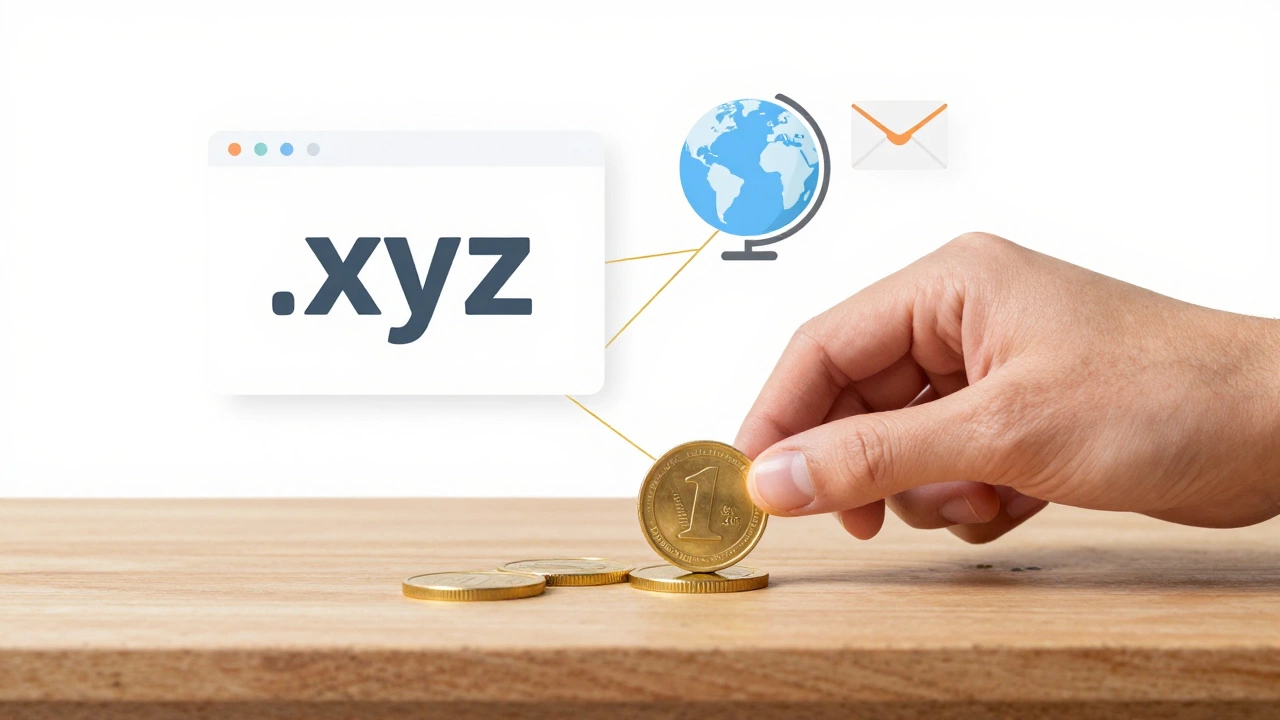 A  coin beside a glowing .xyz domain name connected to a website, email, and globe icon in clean vector style.