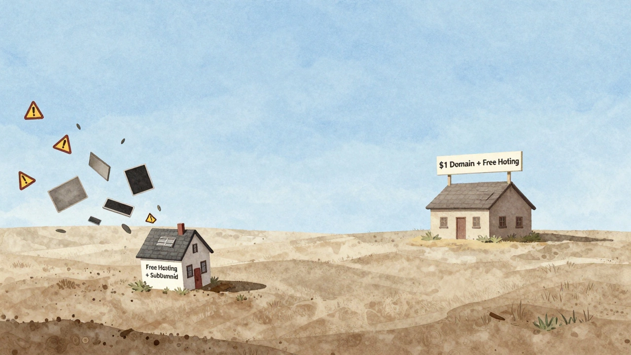A fragile house labeled 'Free Hosting' being swept away by ads, while a sturdy cottage with a  domain stands safely in the distance.