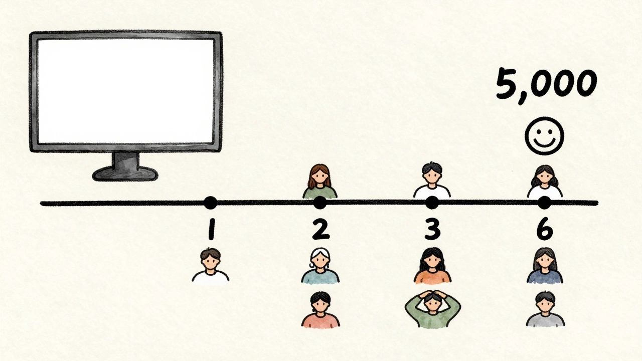 A six-month blog journey timeline showing growing readership from blank screen to 5,000 visitors.