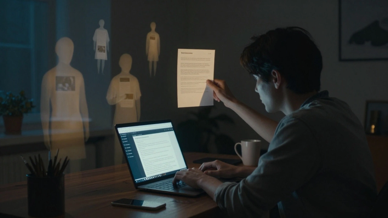 A writer on Medium with floating readers, a shadowy hand erasing a post, moody lighting emphasizing impermanence.