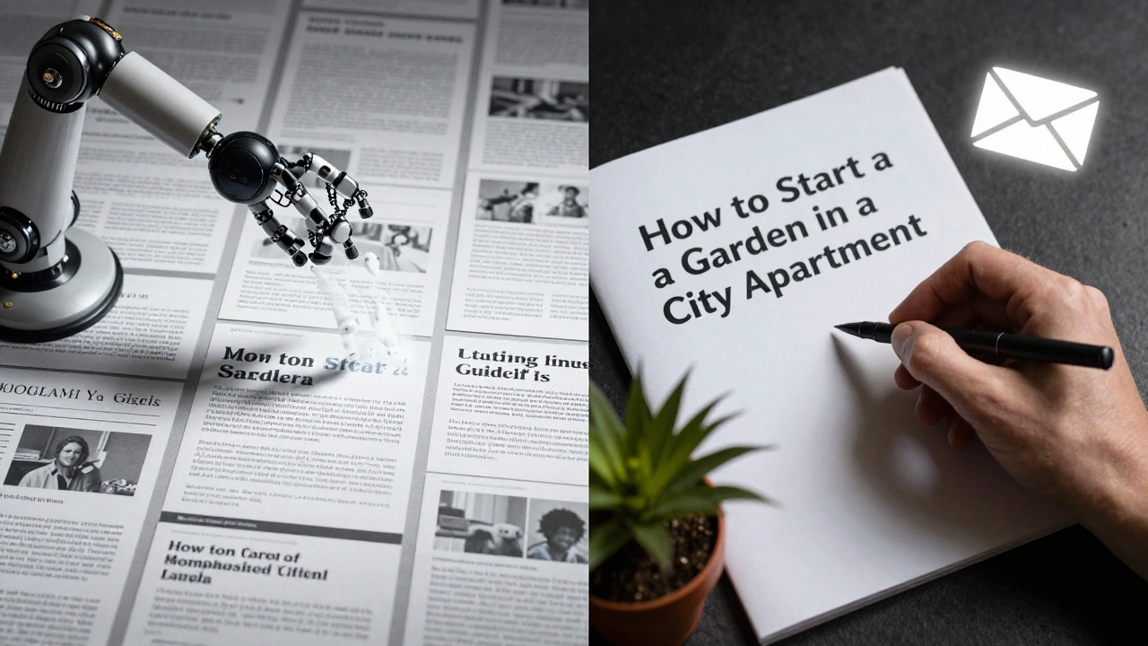 Contrast between AI-generated content and a handwritten blog guide with a small plant, symbolizing authentic blogging.