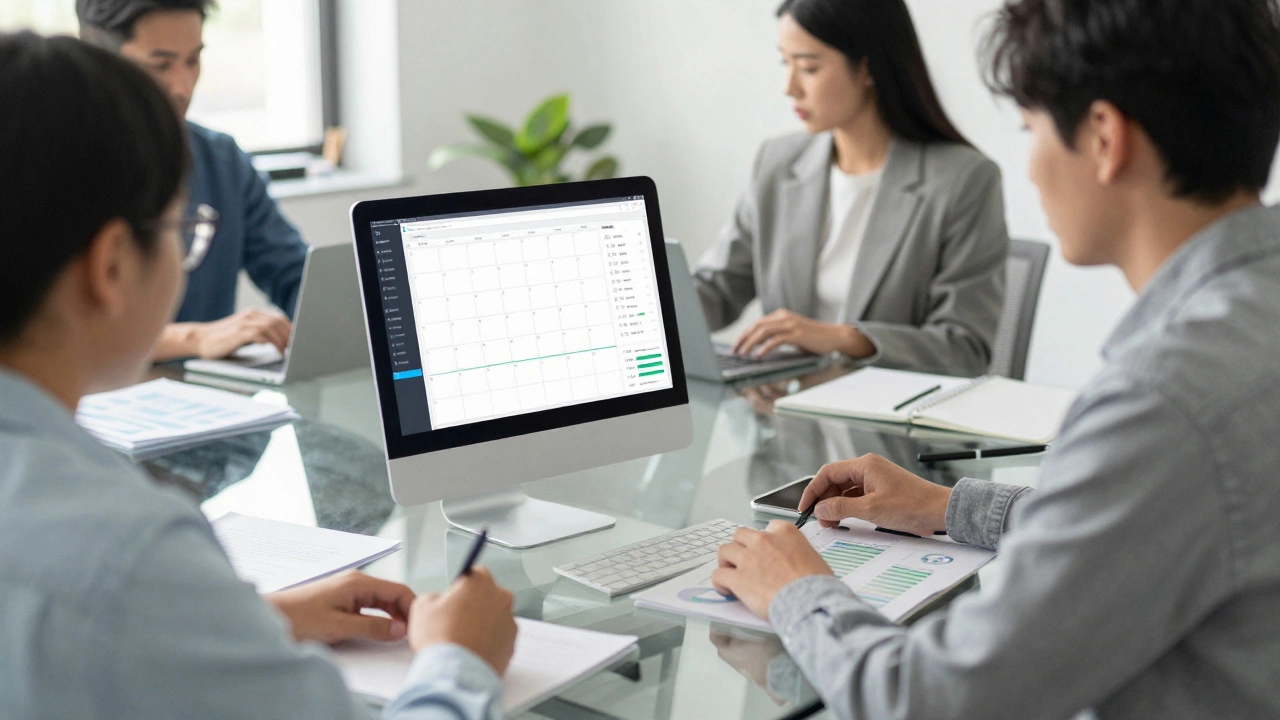 Corporate blog writer in a team meeting with analytics and content calendars.