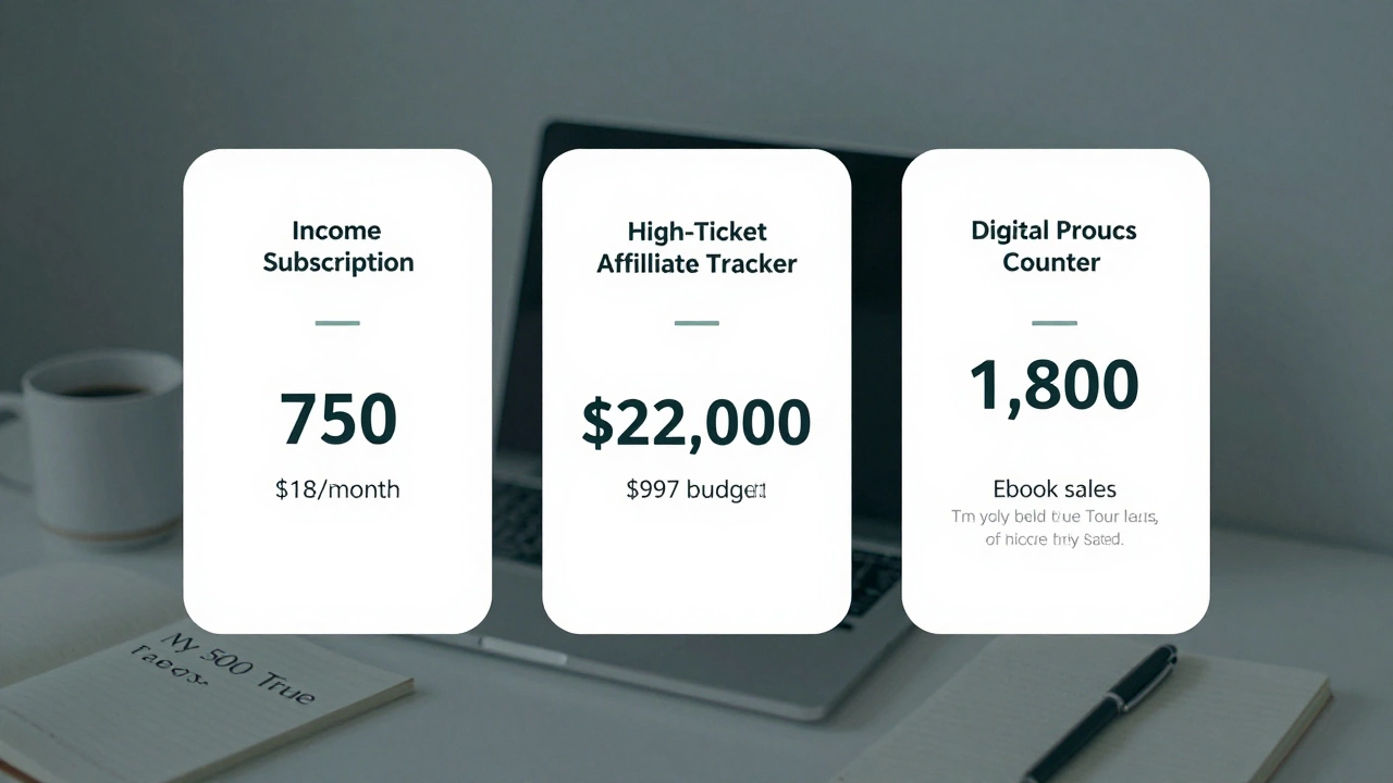 Digital income dashboard displaying subscription, affiliate, and digital product earnings from a quiet workspace.