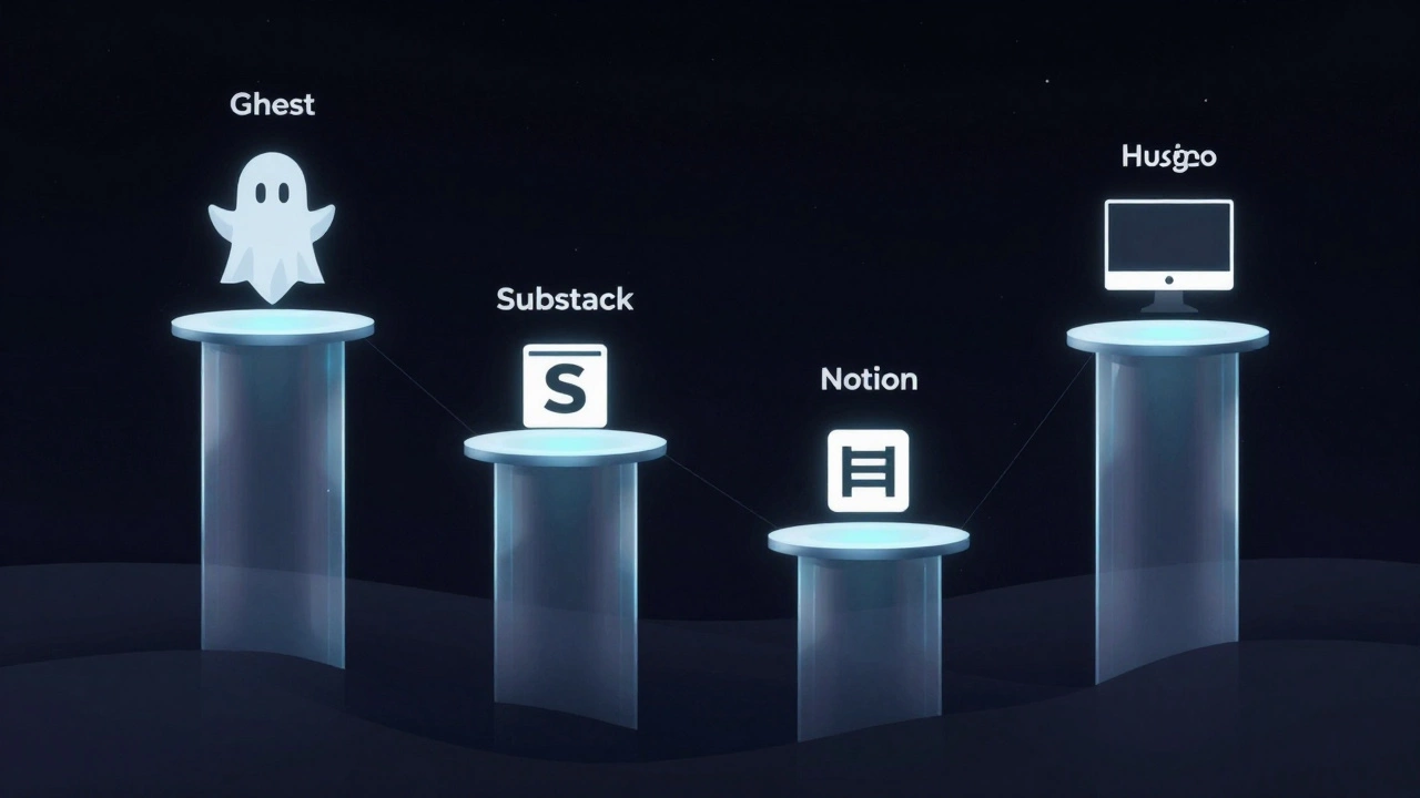 Four sleek digital platforms as glass towers connected by flowing text, symbolizing blogging choices in 2026.