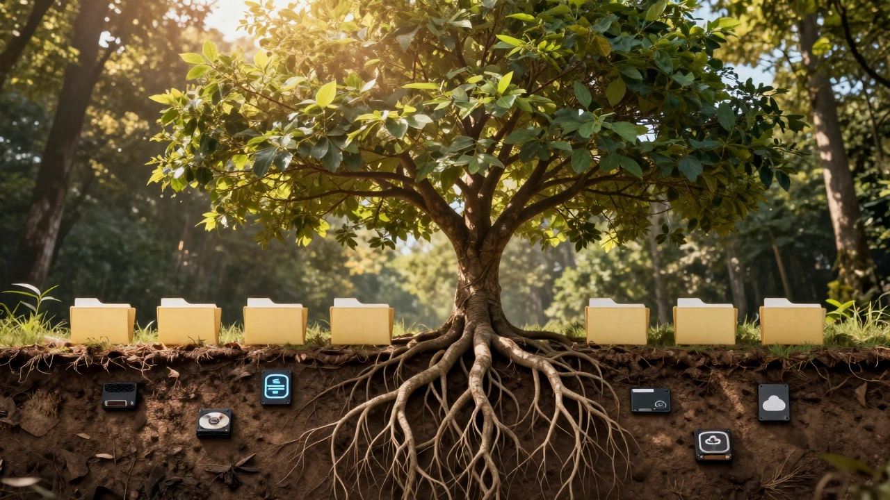 Growing tree with digital root system symbolizing long-term sustainability