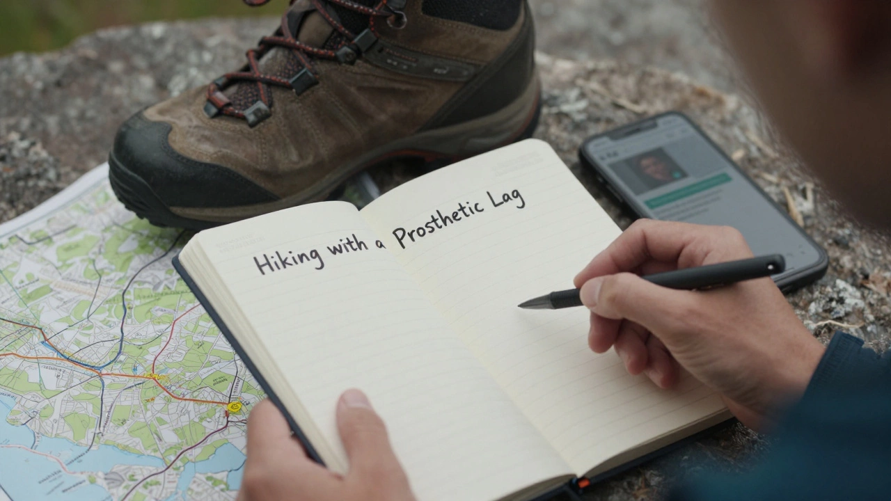 Hand holding a notebook with a specific blog niche idea, surrounded by related real-world items.