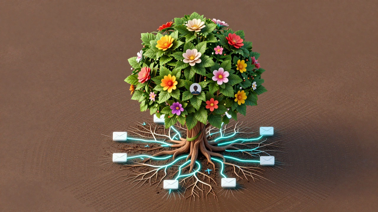 Metaphorical digital garden with glowing roots and blooming ideas.