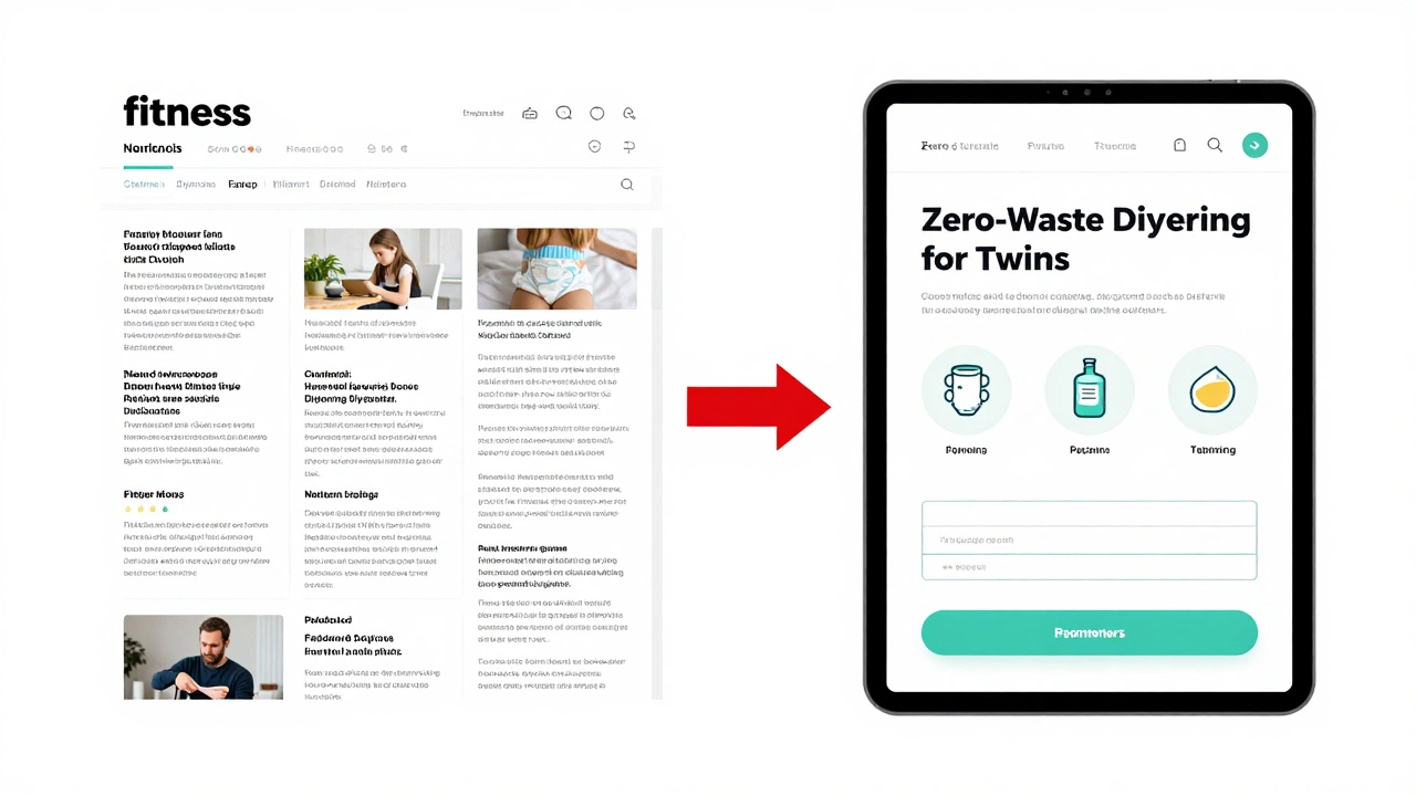 Split image contrasting a crowded generic blog with a focused niche blog for twin diapering.