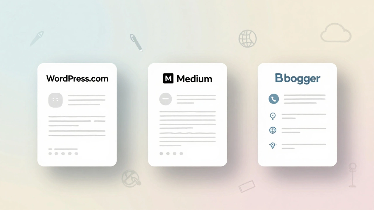 Three free blogging platforms displayed side by side with simple blog posts and minimal design elements.