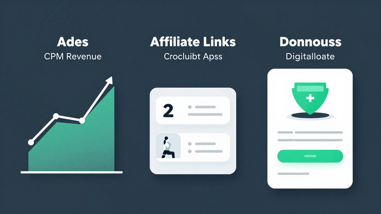 Three income streams for a blogger: ads, affiliate links, and digital course sales.